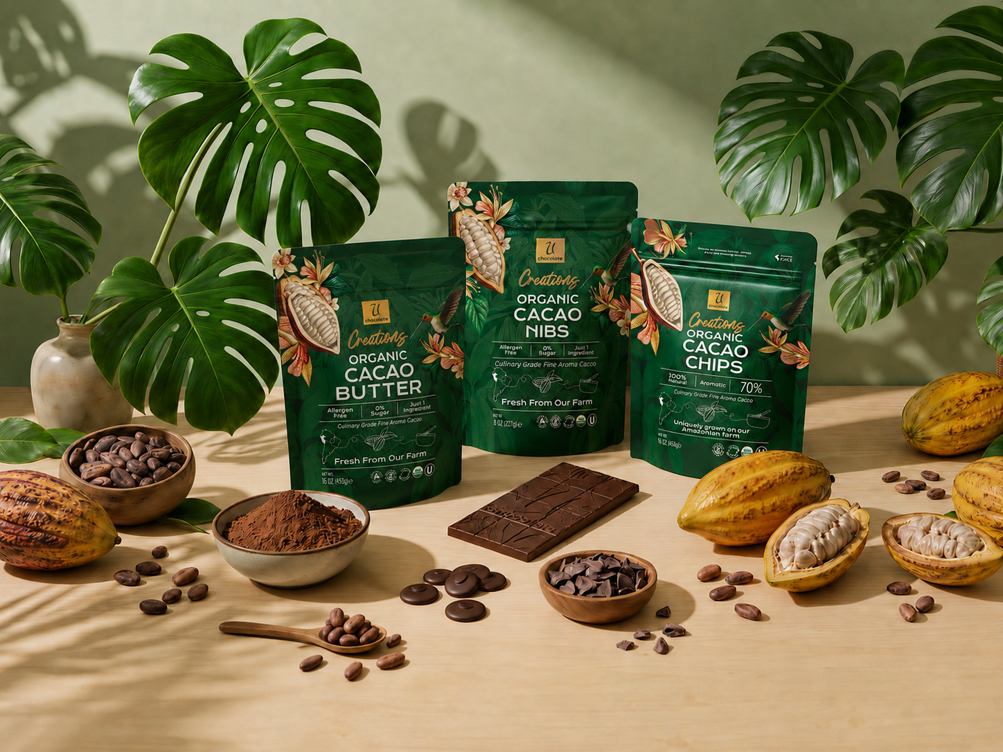 Organic cacao butter, nibs, and chips bundle with raw cacao pods and beans from U Chocolate's Peruvian Amazon farm