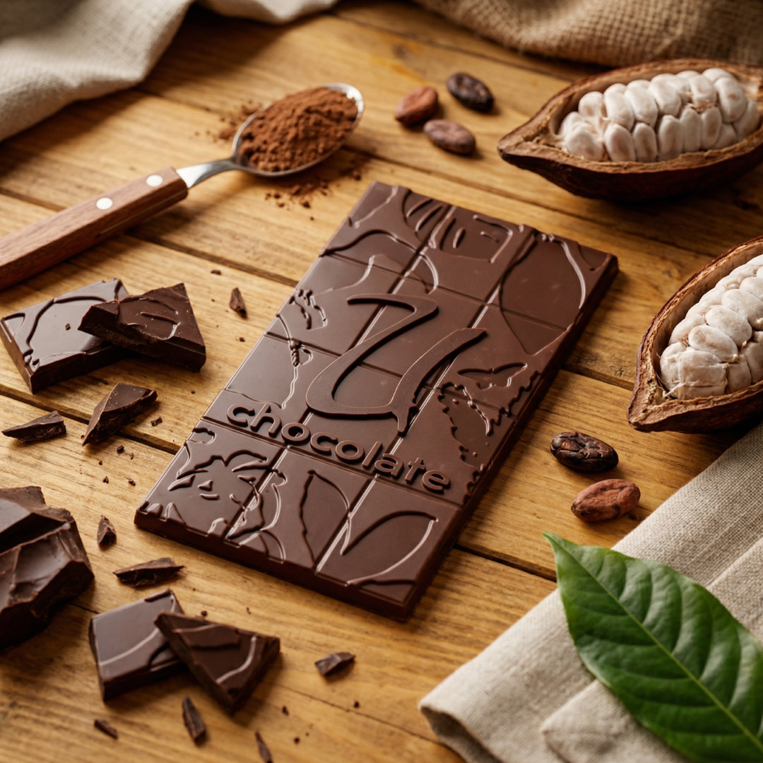 A bar of dark chocolate with embossed floral patterns with the U Chocolate logo on the front, arranged on a wooden surface with broken chocolate pieces, cocoa powder, cacao beans, a spoon, and a green leaf.