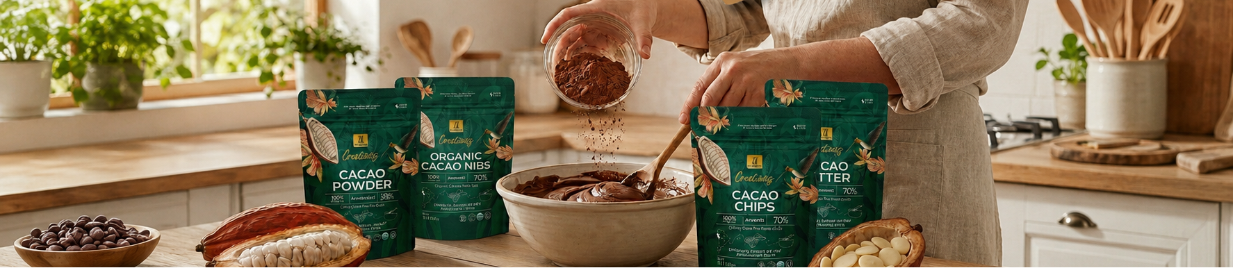 A person in a beige apron stands in a bright kitchen, pouring cocoa powder from a bowl while standing behind several green bags of Cocoa Powder and Cocoa Chips. The scene includes bowls of chocolate truffles, cacao nibs, and other ingredients on a wooden countertop, with the word 'Creations' written in a gold script overlay.